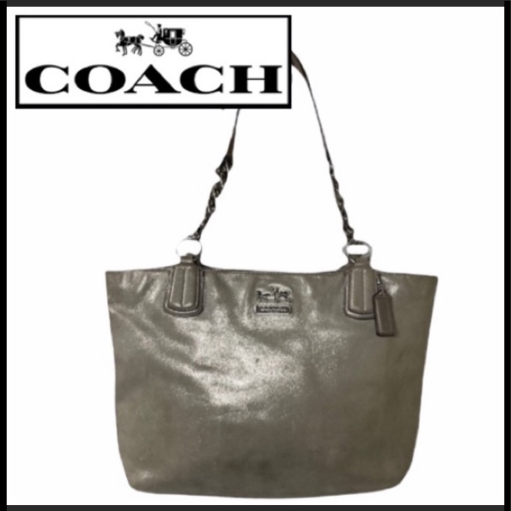 Coach Purse Metallic Large Tote Silver Beige Pearl Finish Office Career Wear